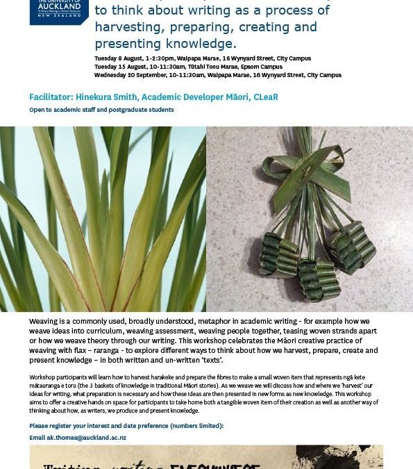 Flyer for the Weaving knowledge, weaving words workshop, with pictures of flax and the three baskets of knowledge.